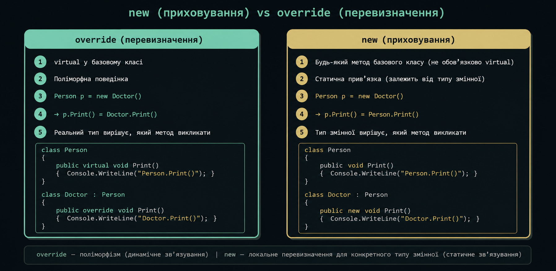 new (приховування) vs override (перевизначення) — поведінка через змінну базового типу