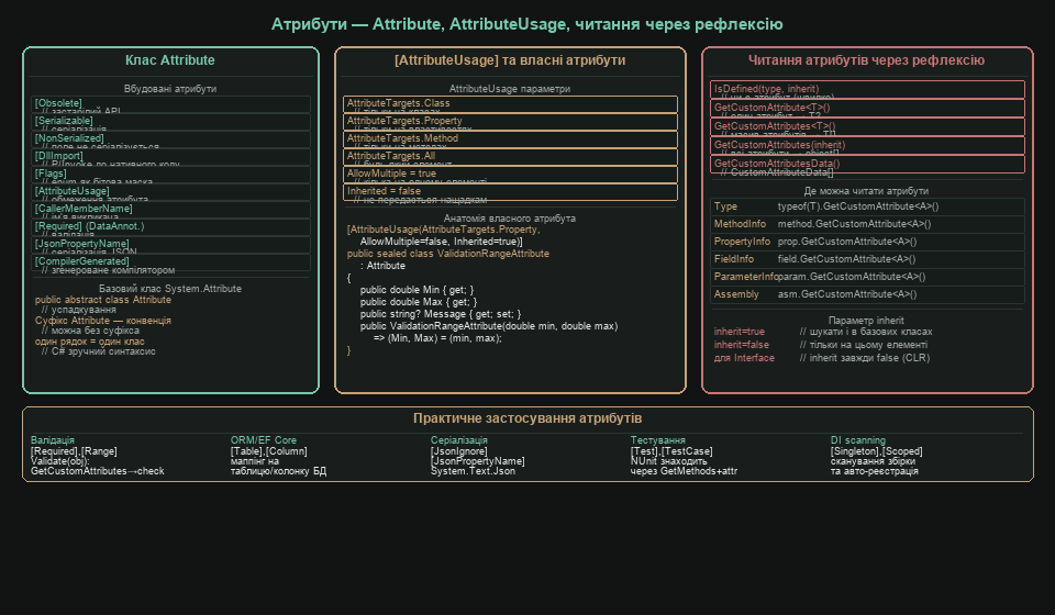 Атрибути — Attribute, AttributeUsage, читання через рефлексію