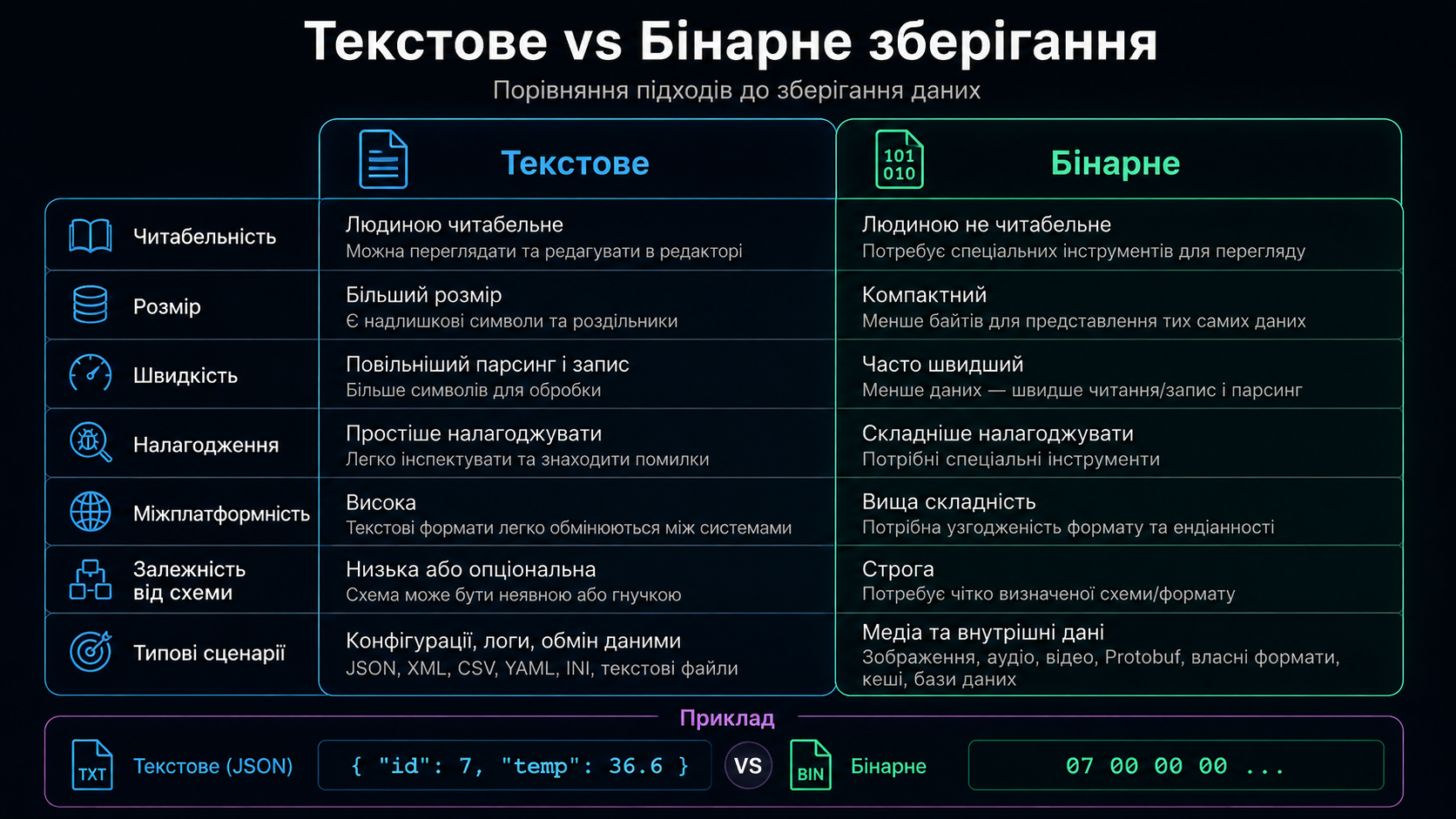 Бінарний vs текстовий формат зберігання